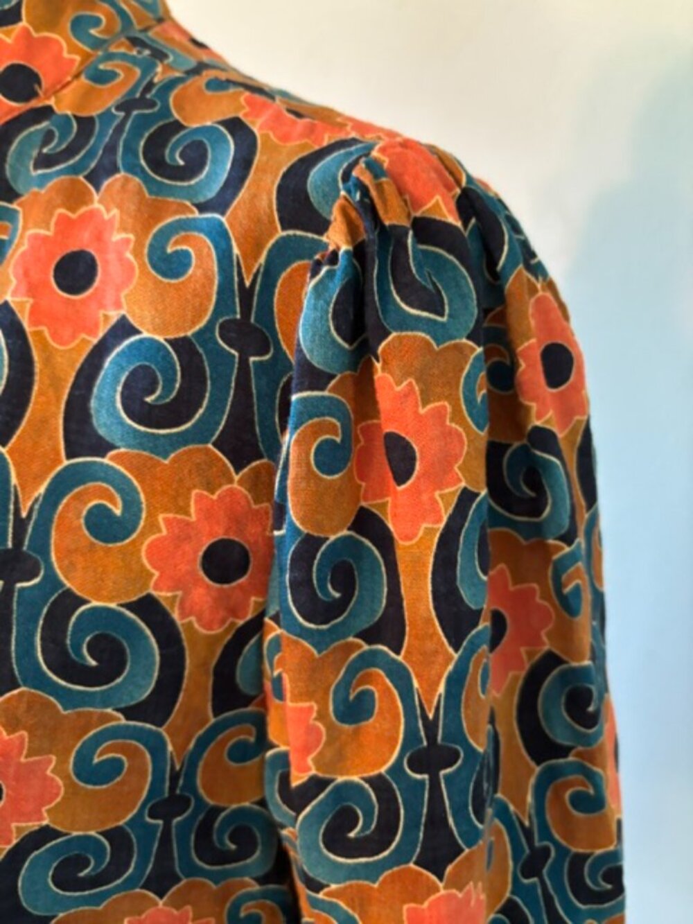 THML Blue/Orange Geometric Floral Tiered Mini Dress Balloon Sleeves Size Medium - Picture 3 of 13